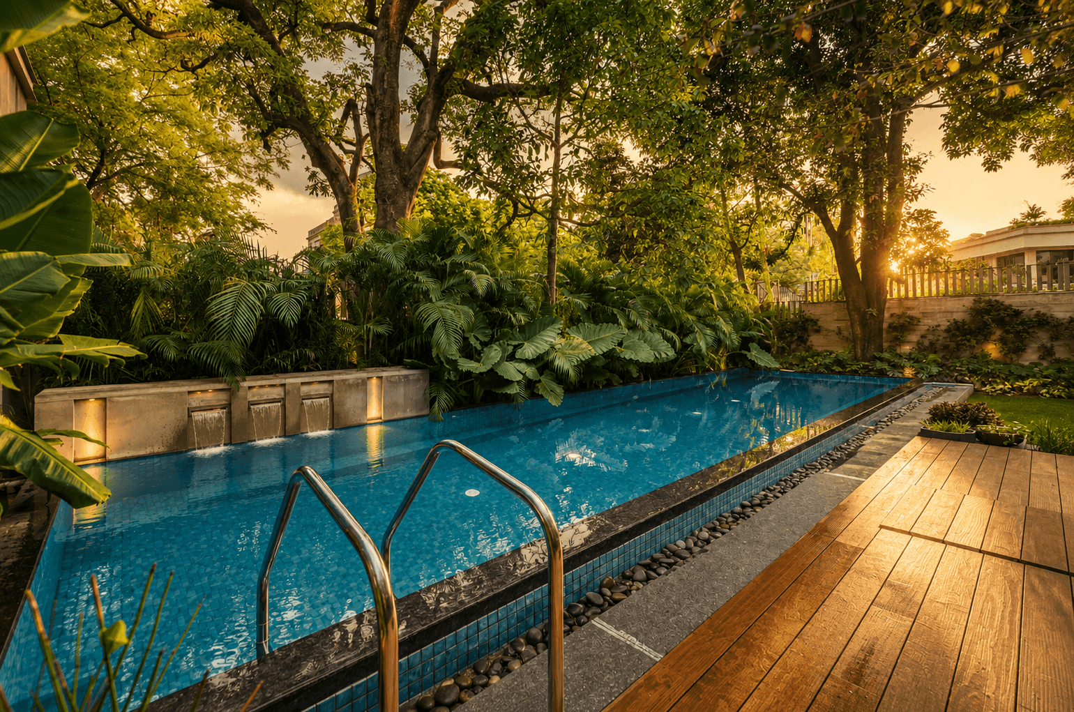 Wide dusk view of the tree-lined driveway approaching a Zen Apartments residence